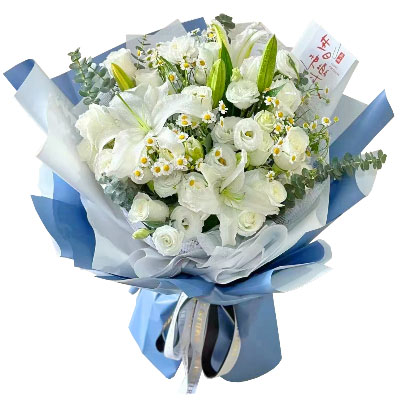 百色11朵白玫瑰桔梗百合，爱永恒不息