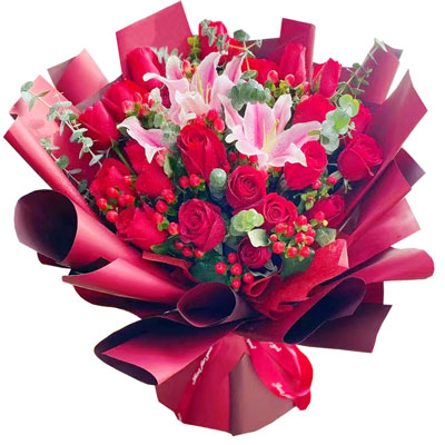 百色22朵红玫瑰百合，爱的火焰